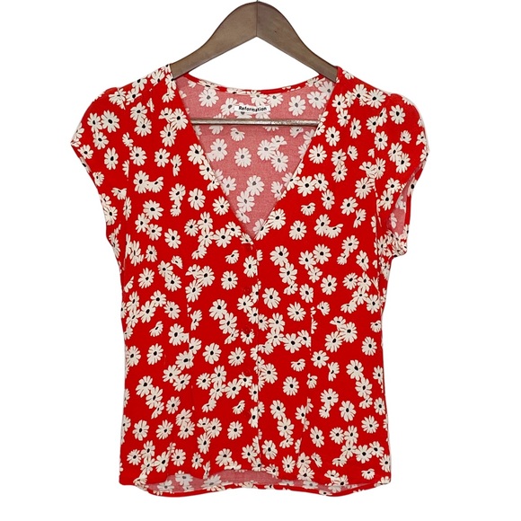 Reformation Bella Oopsie Daisy Red V-Neck Button - Picture 3 of 14